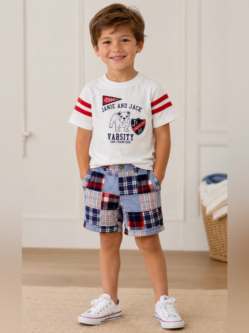 Janine and Jack Boys 2 Pc Bulldog Tee & Plaid Shorts Outfit